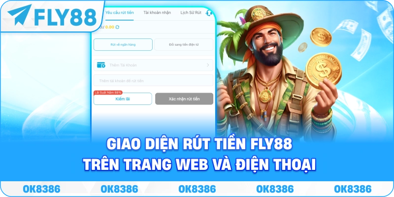 Hình ảnh minh họa giao diện rút tiền Fly88 trên trang web và điện thoại